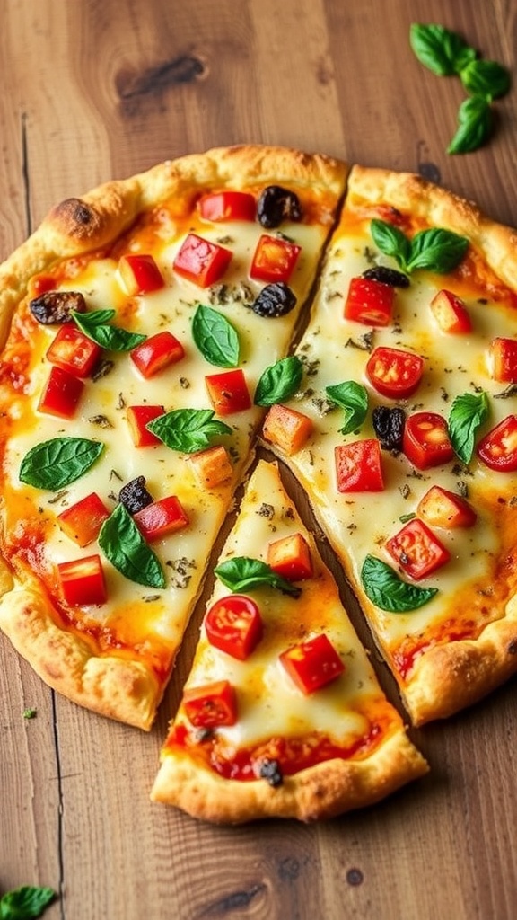 A golden brown cauliflower pizza crust topped with cheese and vegetables on a rustic table.